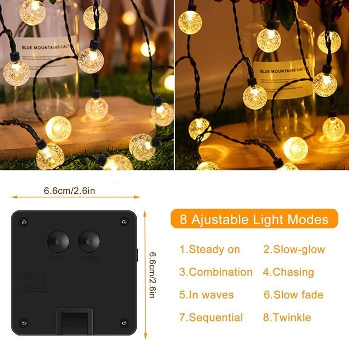 Guirnalda de luces solares para exteriores, 8 m, 50 LED, luces para exteriores e interiores con 8 modos, guirnalda de luces de cristal impermeables.
