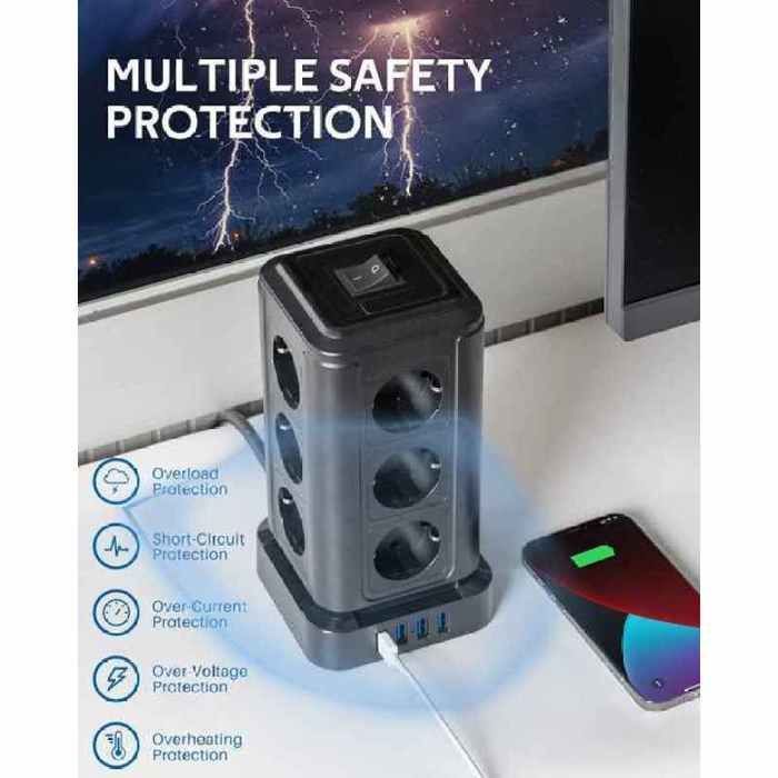 Tower Power Strip Surge Protector with 12 Outlets, 4 USB Ports (4.5A), 2m Cord, 16A/4000W, Black
