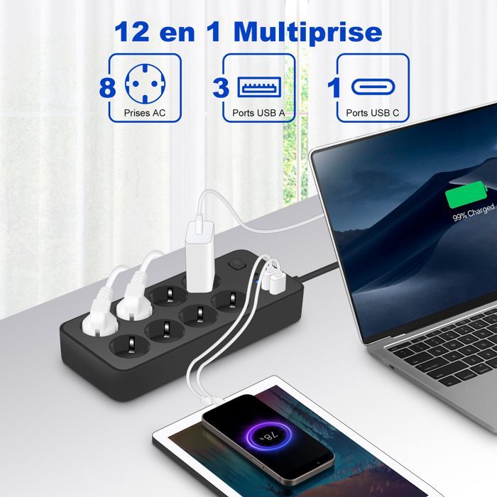 Régua de tomadas com interruptor - UPLAYTECK - 12 tomadas - 8 tomadas padrão europeu - 3 portas USB-A - 1 porta USB-C