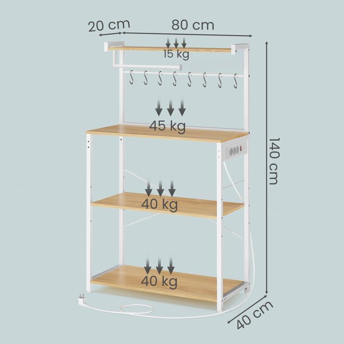 Meuble de Rangement Cuisine avec Étagère Réglable, 8 Crochets, Bar à Café, 4 Niveaux, Blanc et Chêne