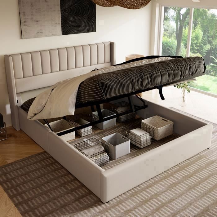 Letto contenitore 180x200 cm, letto idraulico imbottito con rete a doghe, letto matrimoniale in lino beige