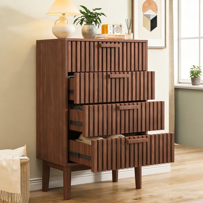 Commode 4 tiroirs, Commode Chambre Adulte 60x34x91cm, Meuble de Rangement en Bois, pour Salon, Chambre et Couloir, Bois noyer