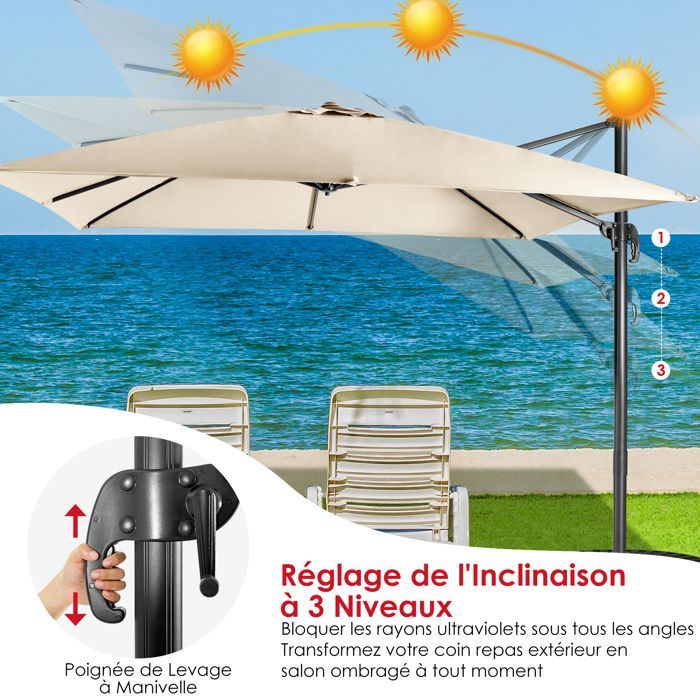 COSTWAY Parasol Déporté Inclinable 3x3M avec Base Croisée Rotation à 360°,Manivelle,8 Baleines,Event pour Jardin,Terrasse Beige