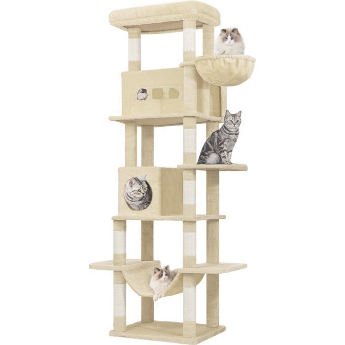 Árbol rascador grande para gatos de 210 cm, torre para gatos de interior, con percha grande, alfombrilla lavable, 2 cuevas para gatos, hamaca, color beige.