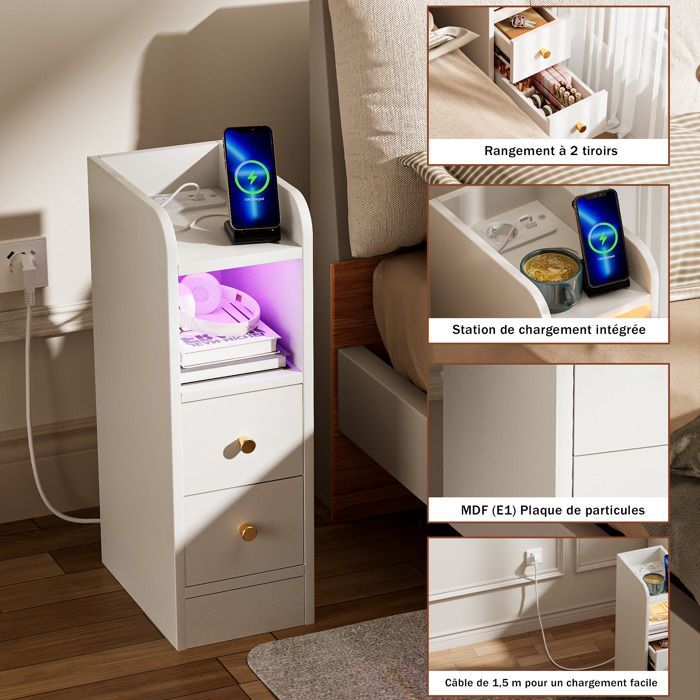 Table de Chevet Étroite 2 Tiroirs 4 Niveaux avec Prise Recharge 1AC/2USB et Lampe LED - Rangement pour Chambre 30x20x60 cm - Blanc