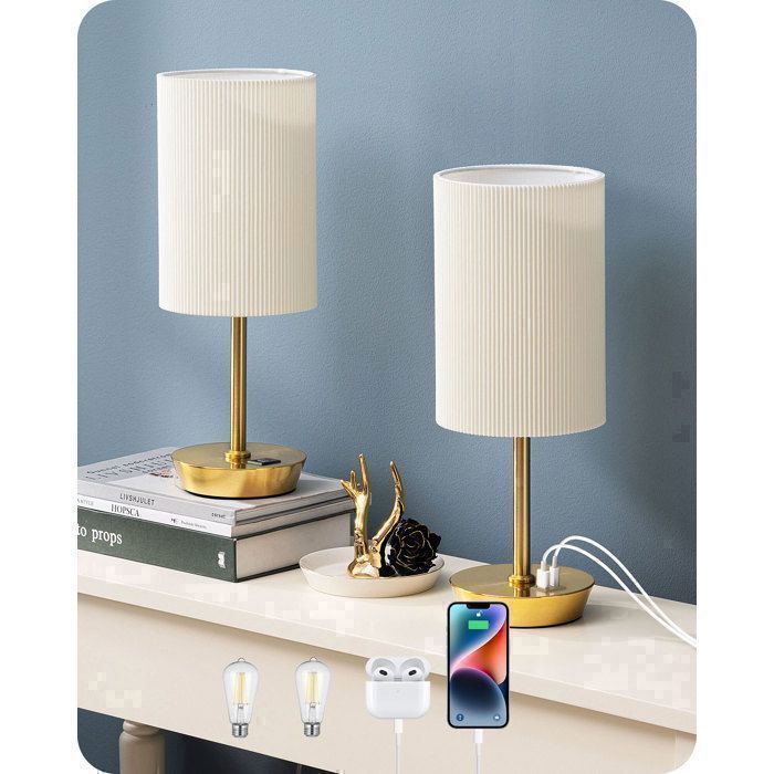 EDISHINE Touch tafellampenset van 2, USB A+C, dimbare lamp inbegrepen, geplooide lampenkap