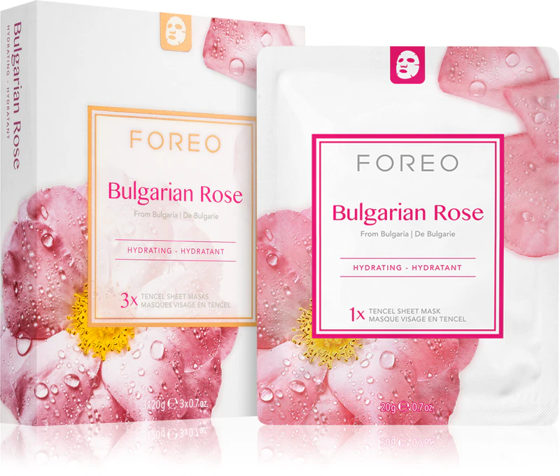 Máscara facial hidratante em tecido FOREO Farm to Face com aroma de rosa búlgara.