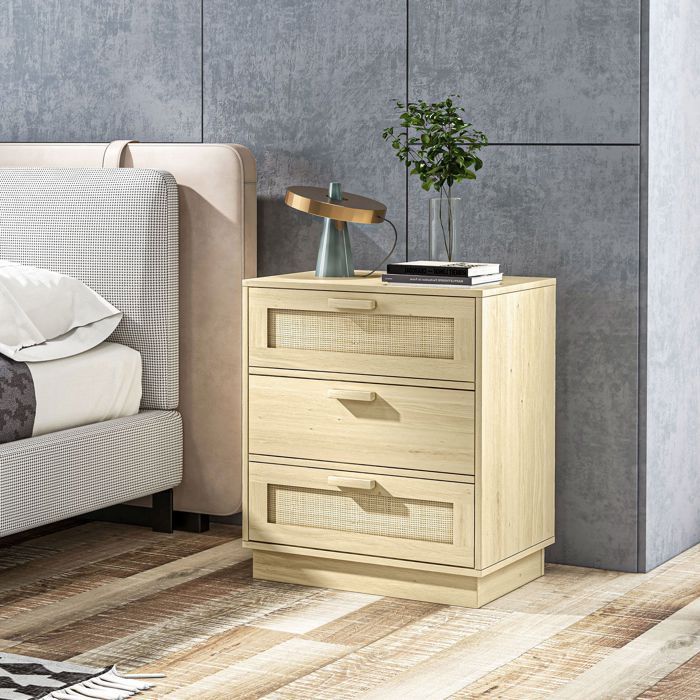 Cómoda de ratán estilo bohemio - HOMCOM - 3 cajones - mueble de almacenamiento - madera natural