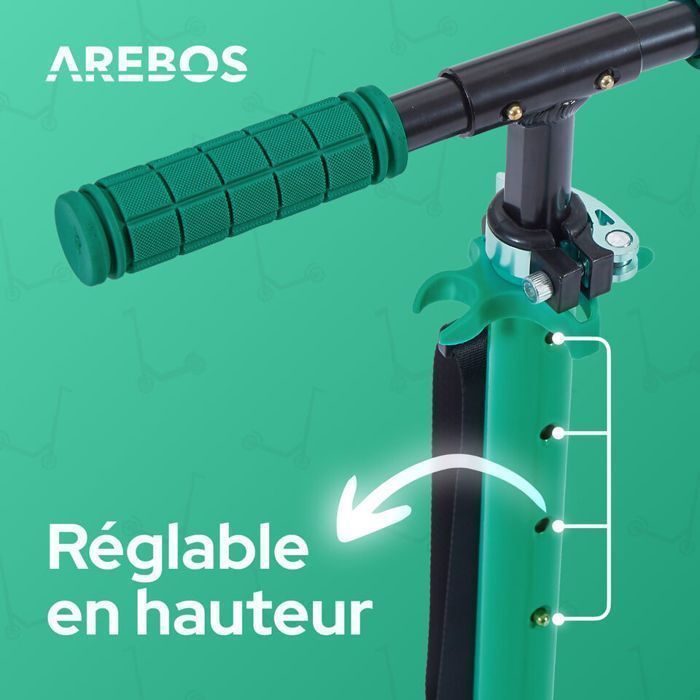 AREBOS Trottinette de ville scooter Vert réglable en hauteur | pliable | ceinture incluse | roues XXL | frein au pas | pour enfants