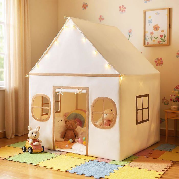 COSTWAY Tente de Jeux Enfant avec 4 Fenêtres et Guirlandes Lumineuses Étoiles, Tapis Antidérapant et Coton Lavable, 3-10 Ans Gris