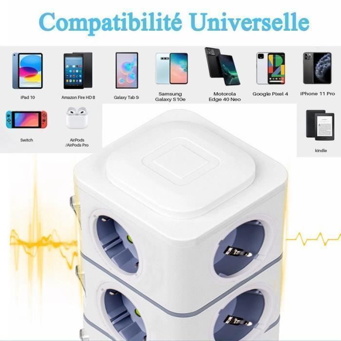 Tour Multiprise Électrique,Multiprise Parasurtenseur Parafoudre avec 8 Prises et 4 Ports USB,Multiprise USB 2500W avec Interrupteur
