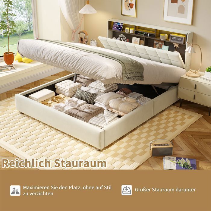 Cama doble tapizada de 160 x 200 cm, con cabecero y espacio de almacenamiento, estructura hidráulica, colchón no incluido - YubNct
