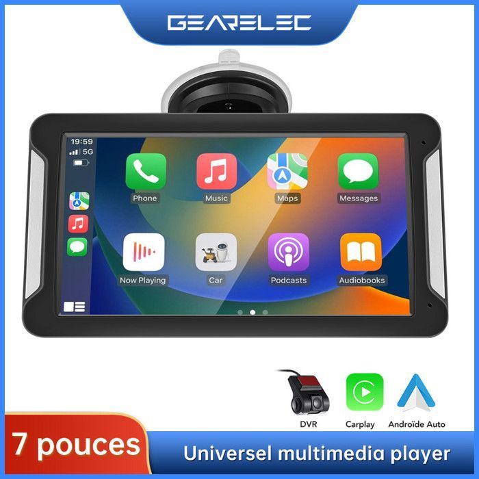 Radio portátil para coche GEARELEC de 7 pulgadas con CarPlay, Android Auto, Dash Cam, Bluetooth y WiFi.