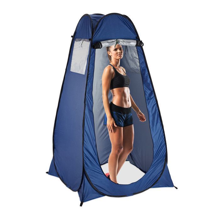 Tenda doccia da campeggio a scomparsa Relaxdays, AxLxP: 190 x 120 x 120 cm, spogliatoio, impermeabile, compatta, protezione UV 50+, blu