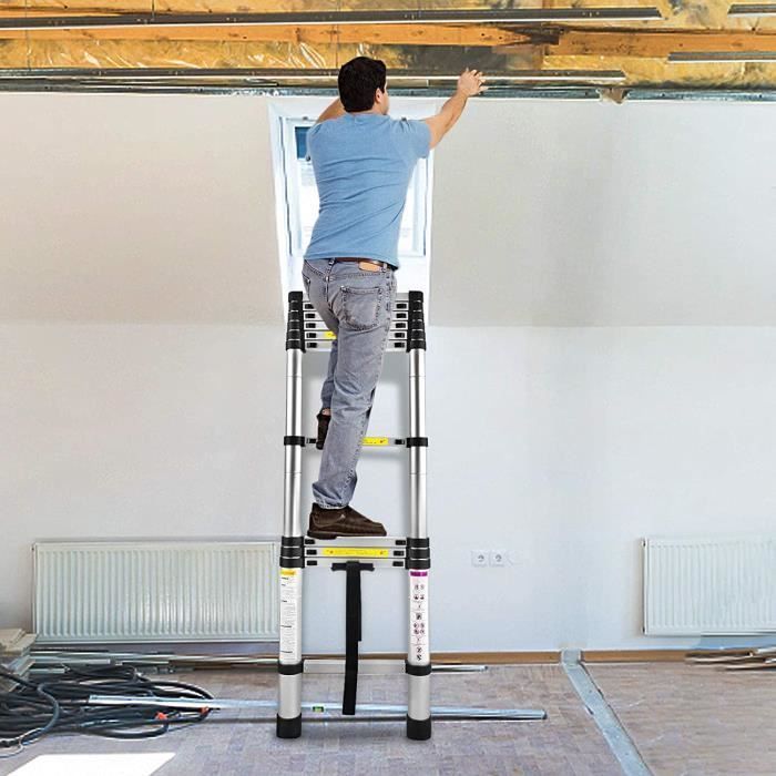 Escalera telescópica de aluminio NAIZY de 3,8 m - Plegable, portátil, 12 peldaños - Capacidad de carga de 150 kg - Plateada