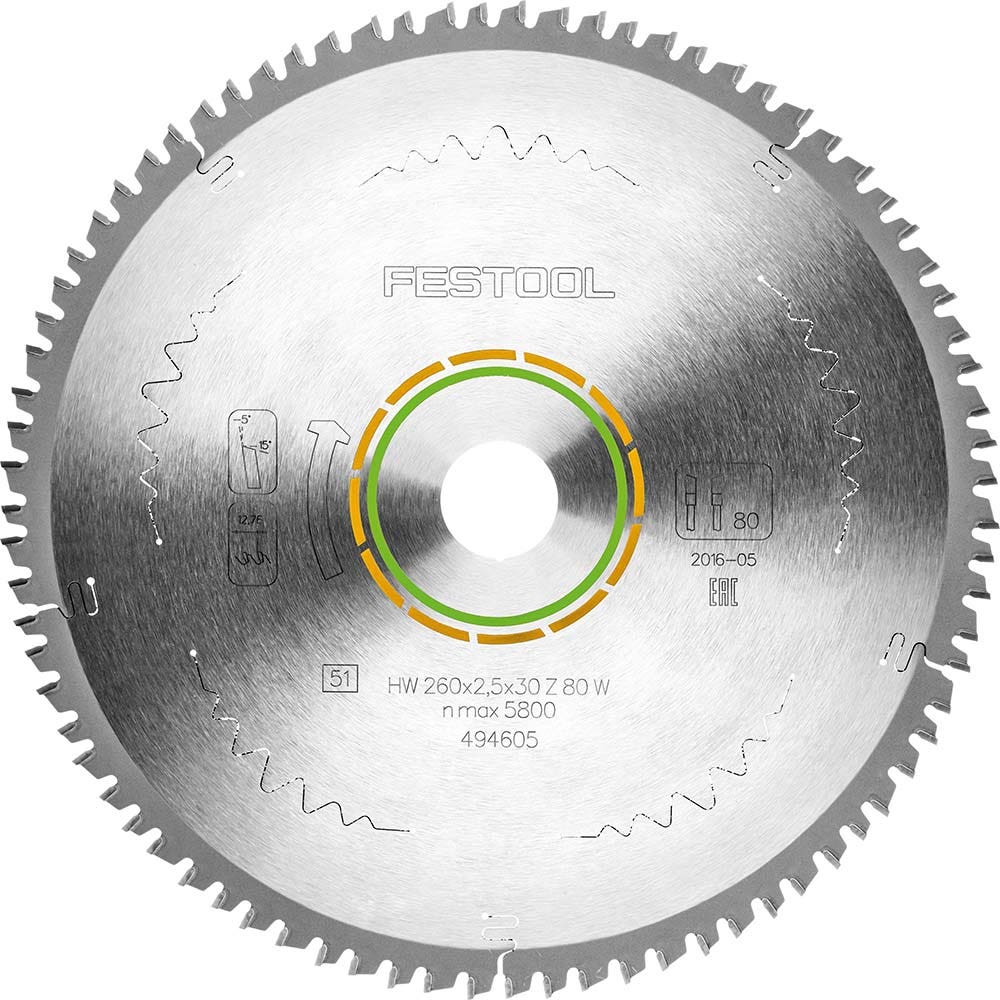 Lâmina de serra FESTOOL de 260 mm com 80 dentes TCT para corte de painéis folheados.