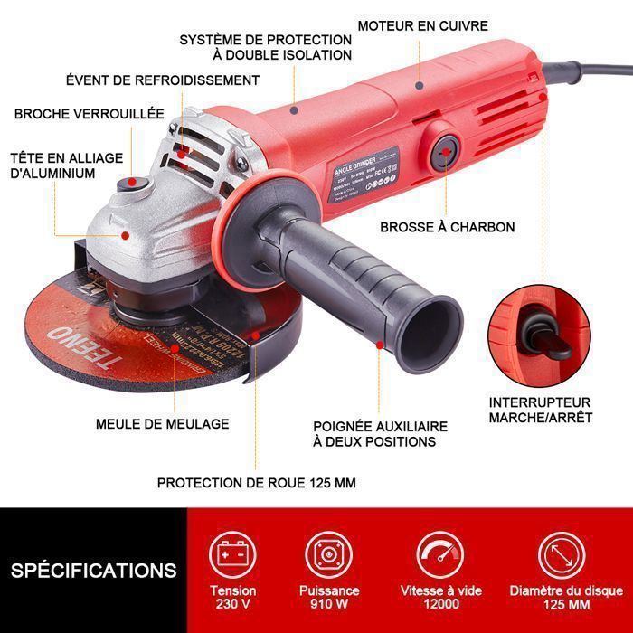 Esmerilhadeira angular - TEENO - 1000W - 125 mm - 12000 rpm - 4 discos