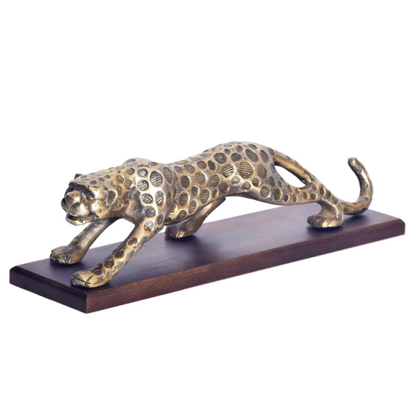 Figura Dekoracyjna Pantera Złota Aluminium 63 cm Podstawa Drewno
