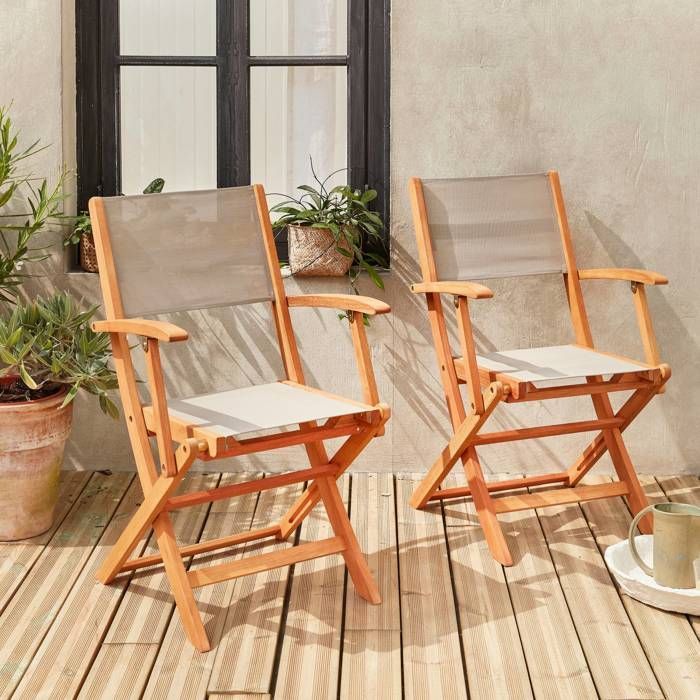 Sillones de jardín en madera y textilene - Almería Gris Topo - 2 sillones plegables en madera de eucalipto aceitada y textilene