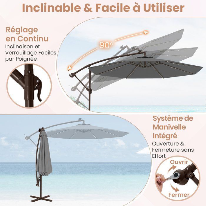 Ombrellone decentrato COSTWAY da 3 m con 40 LED - Base a croce con sacco di sabbia - Tessuto in poliestere grigio con protezione UV 20+ - Pannello solare da 6 ore