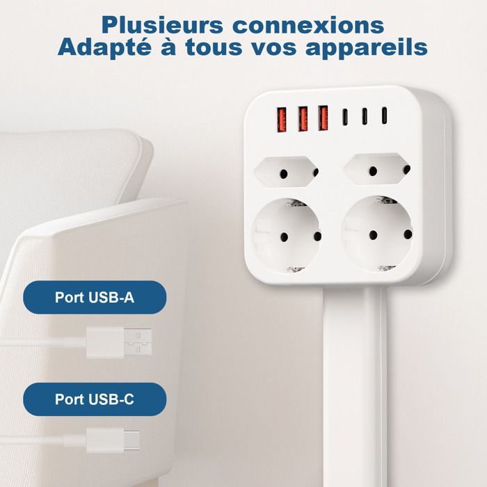 Skjøteskinne med 4 uttak, 3 USB-A og 3 USB-C, 45–65 cm uttrekkbar kabel, 360° rotasjon