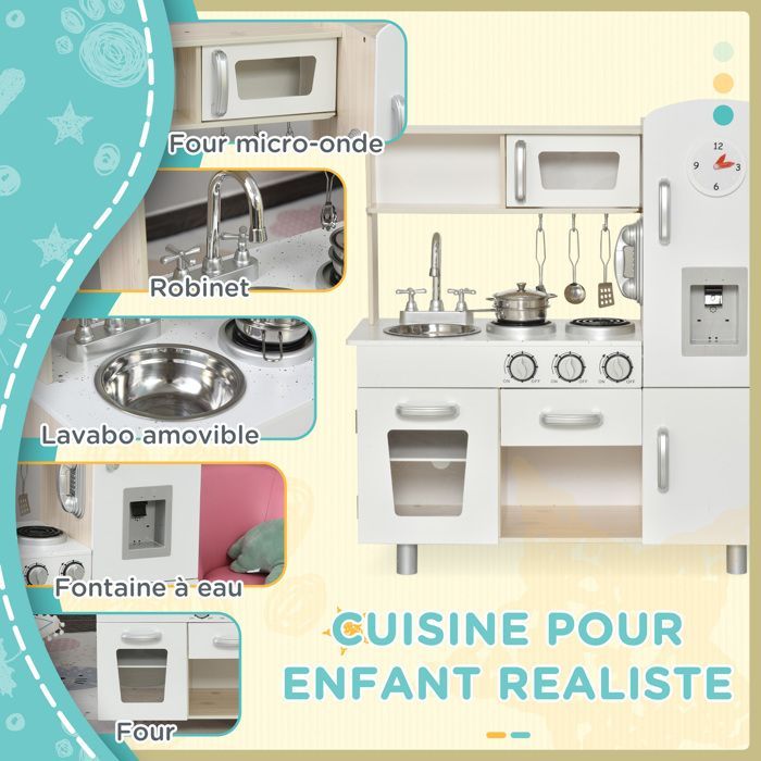 Cocina infantil - HOMCOM - Cocina de juguete con aspecto de madera, con numerosos accesorios y espacio de almacenamiento - MDF Pino - Roble claro Blanco