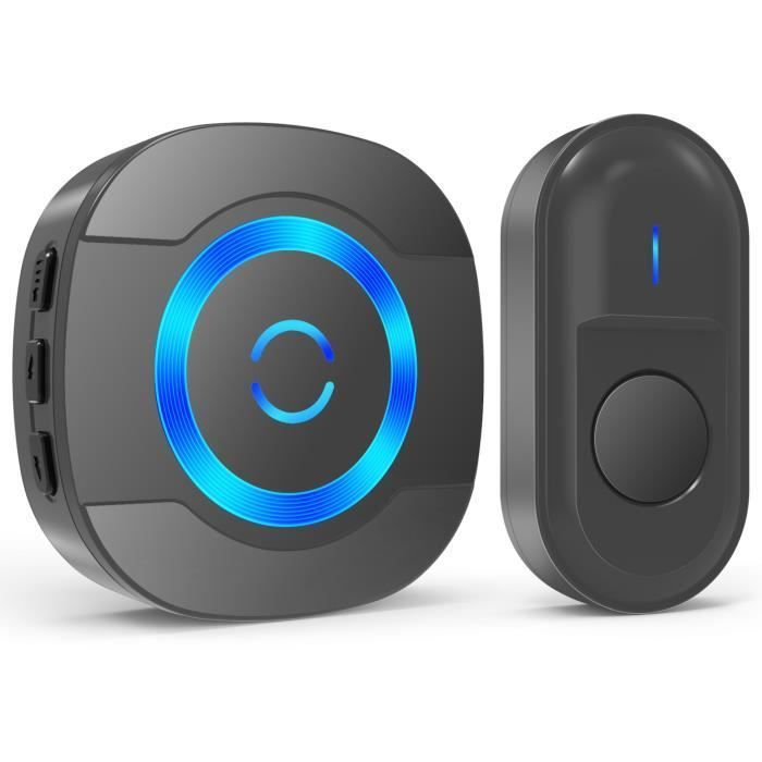Sonnette de Porte sans Fil 300M IP55 Étanche Carillon Electronique avec Récepteur Enfichable pour la Maison 55 Mélodies LED Noir