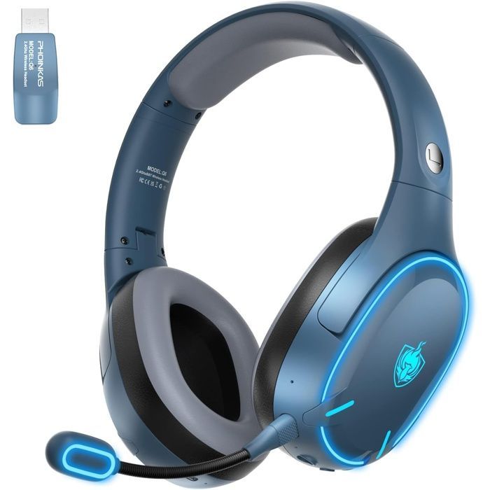 Casque sans fil Bluetooth 5.3 à double puce, microphone antibruit, lumière LED, pour PC/PS4/PS5/TV/Switch, bleu