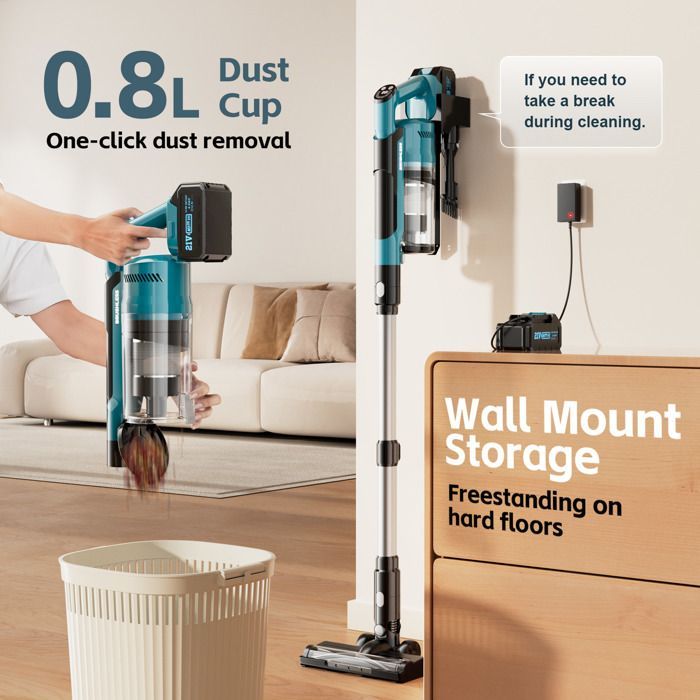 Aspirateur balai sans fil 700W 60KPa • 2×21V 4000mAh 70–72min • Bac 0,8L • LEDs • Sols durs, tapis, poils
