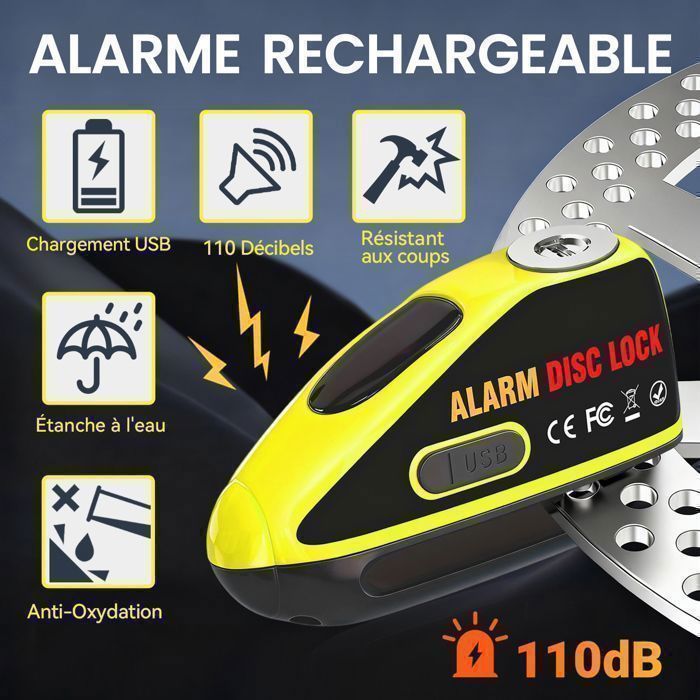 Candado de disco recargable por USB Antivel para motocicleta - Alarma de alta seguridad de 110 dB - con cable recordatorio antirrobo - para motocicleta/scooter