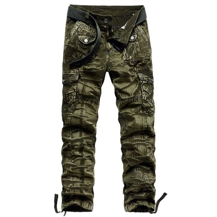 Men's Military Cargo Pants in Cotton, Straight Cut, Multi-Pocket Trousers, Solid Color - Camouflage Green