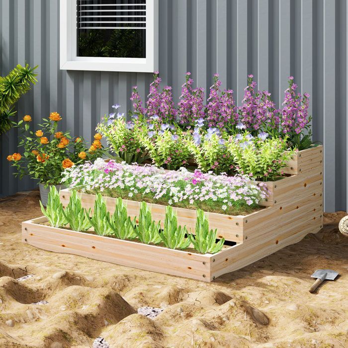 Garden Raised Garden Bed - Outsunny - Bottomless - 4 Tiers - for Herbs, Vegetables, Fruits, Flowers - 113 x 113 x 46 cm - Natural Wood