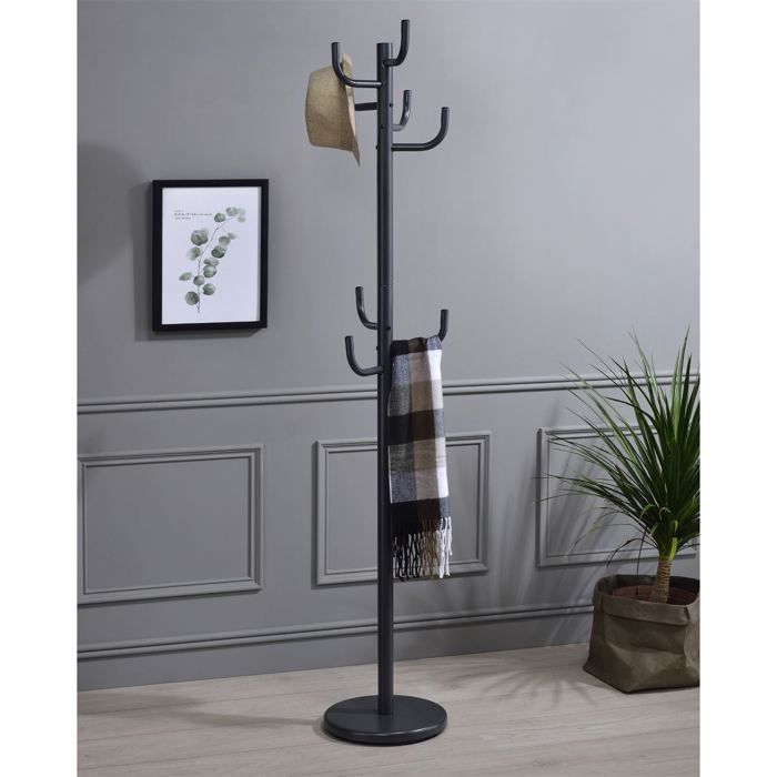 Perchero MILA, independiente, de 174 cm de altura, con base redonda y 8 ganchos, mueble de entrada de metal lacado en gris.