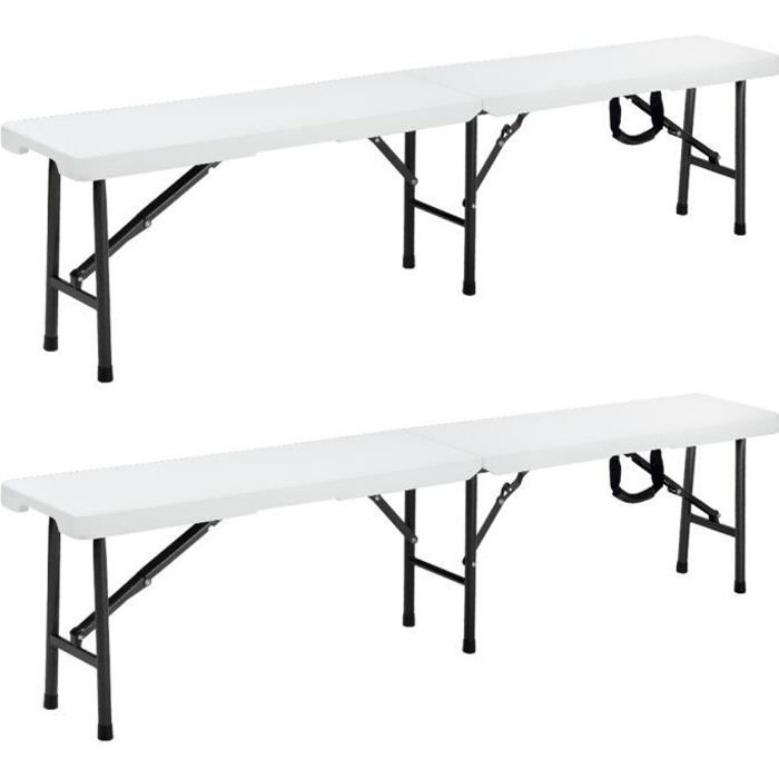 CASARIA® 2 bancos plegables de plástico de 180 cm, banco plegable para camping, banco de jardín blanco para picnic y fiestas.