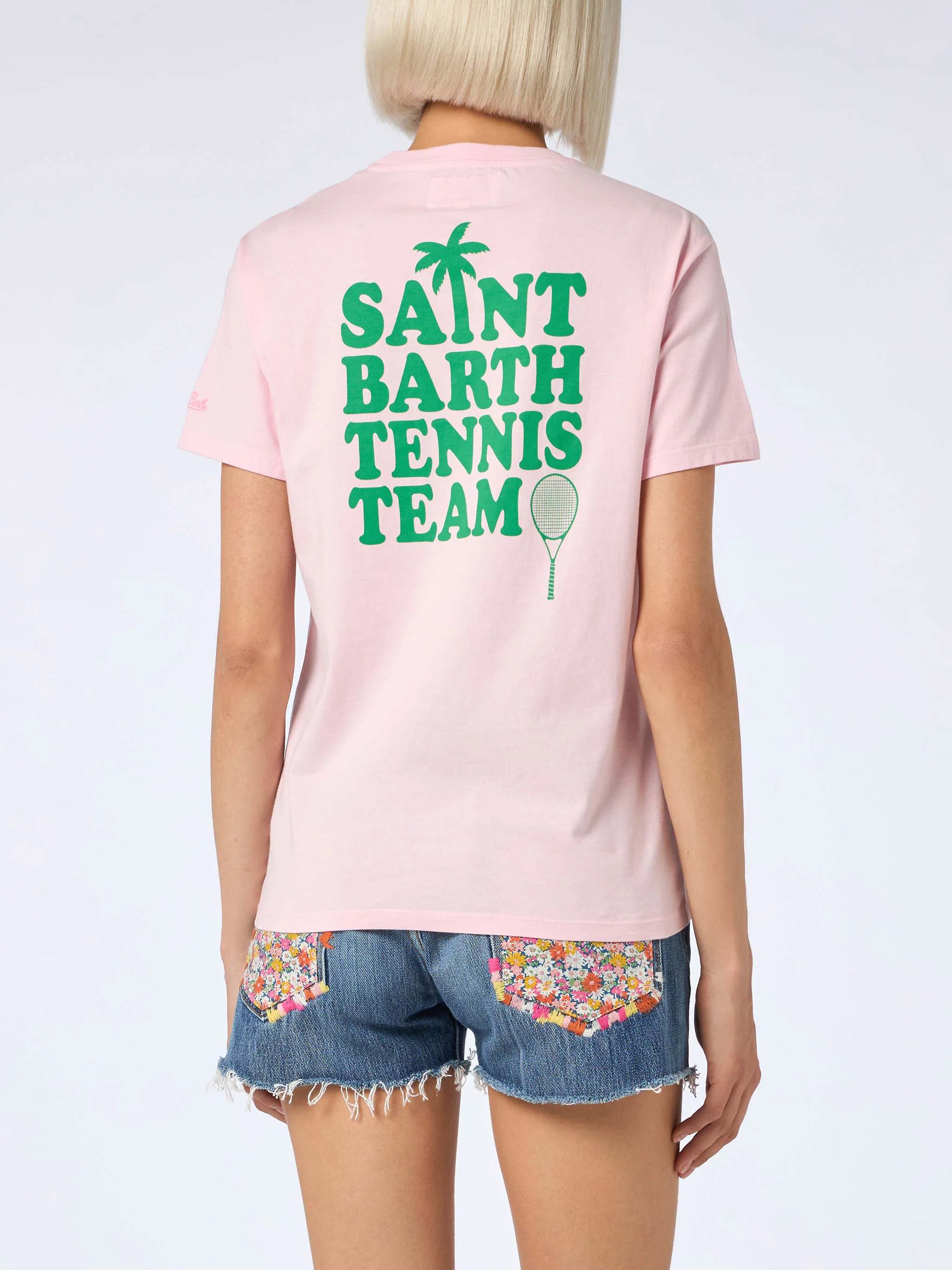 Roze katoenen T-shirt met print van het St Barth tennisteam.