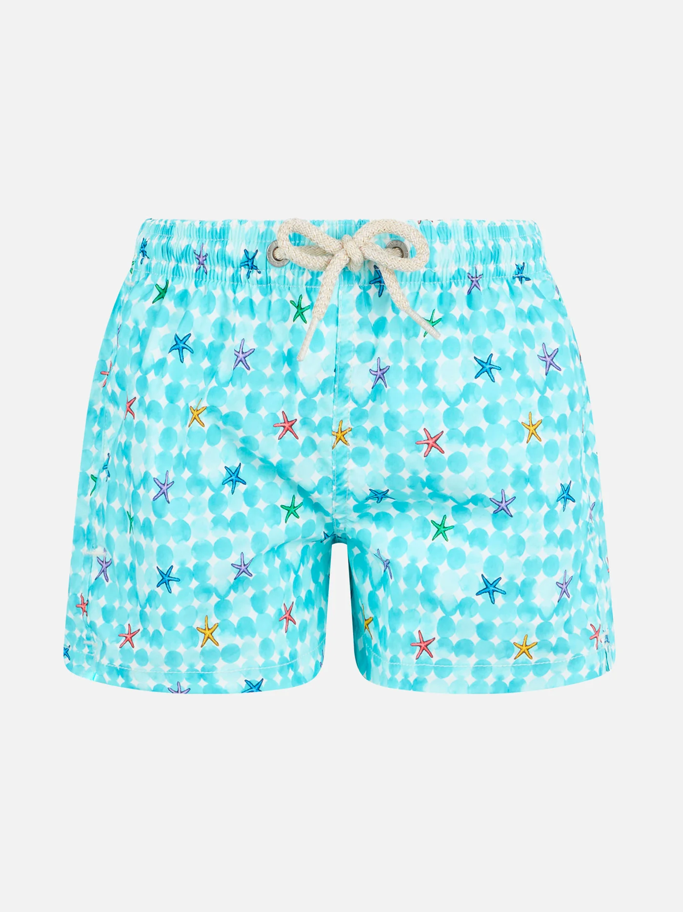 Blauw kinderzwempak met zeesterprint en bijpassende stof.