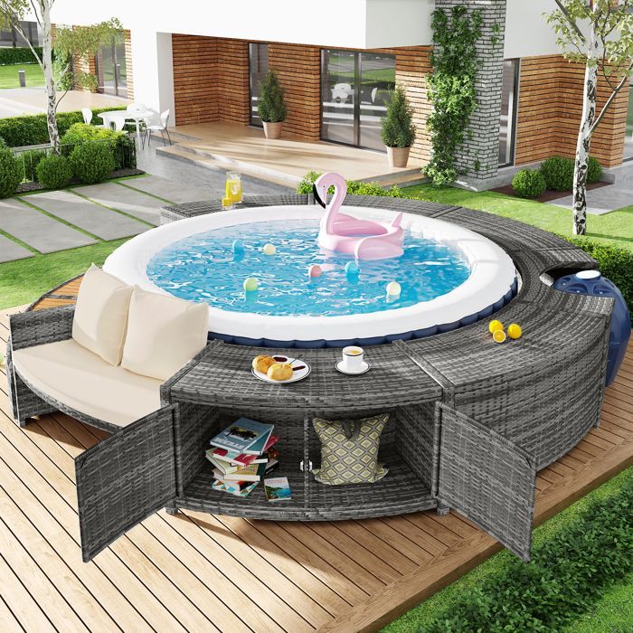 Cadre de spa jacuzzi piscine en résine tressée et bois 283x283x55 cm gris
