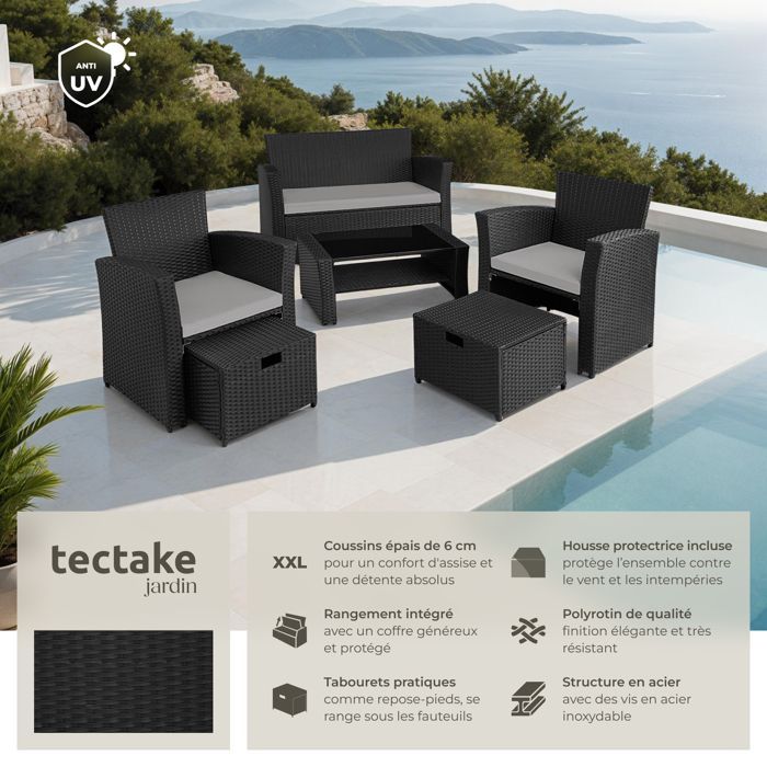 Garden furniture - TECTAKE - MODENE outdoor lounge set for 4 to 6 people with table and removable covers - Black/Grey
