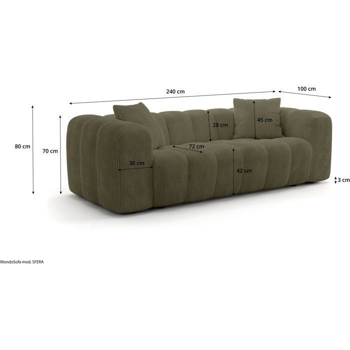 Festes Sofa – 3-Sitzer – SFERA – Grüner Stoff – 240 x 100 x 80 cm