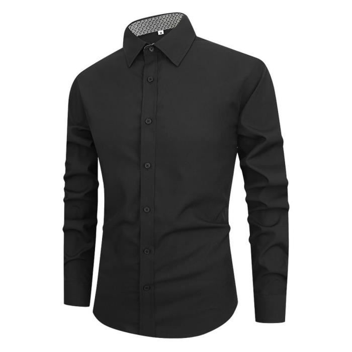 Men's Slim Fit Plus Size Long Sleeve Check Collar Shirt, Elegant Solid Color - EU Size - Black
