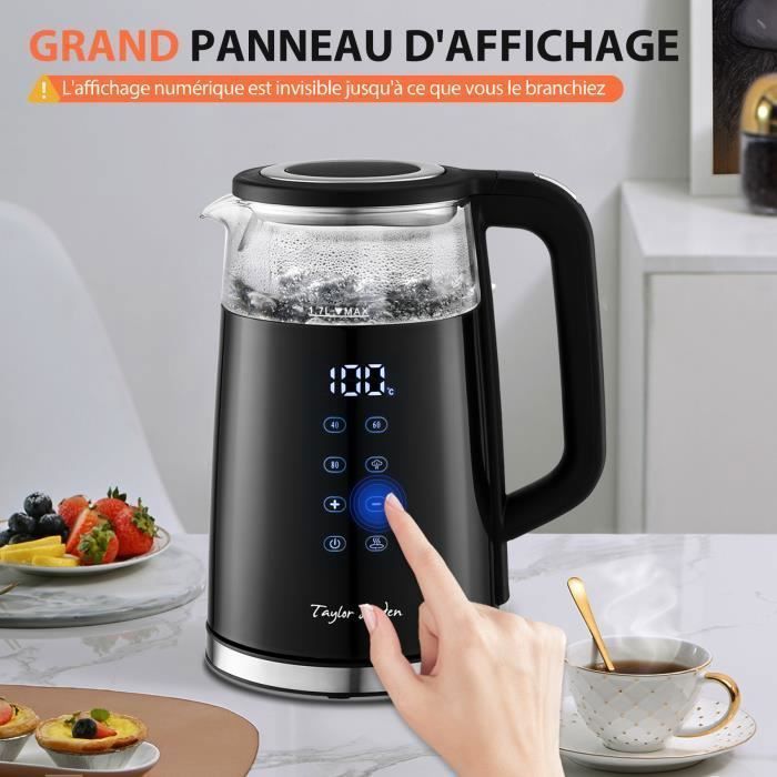 Taylor Swoden Bouilloire électrique en verre de 1,7 litre avec sélection de température de 40 à 100 °C, affichage numérique de la
