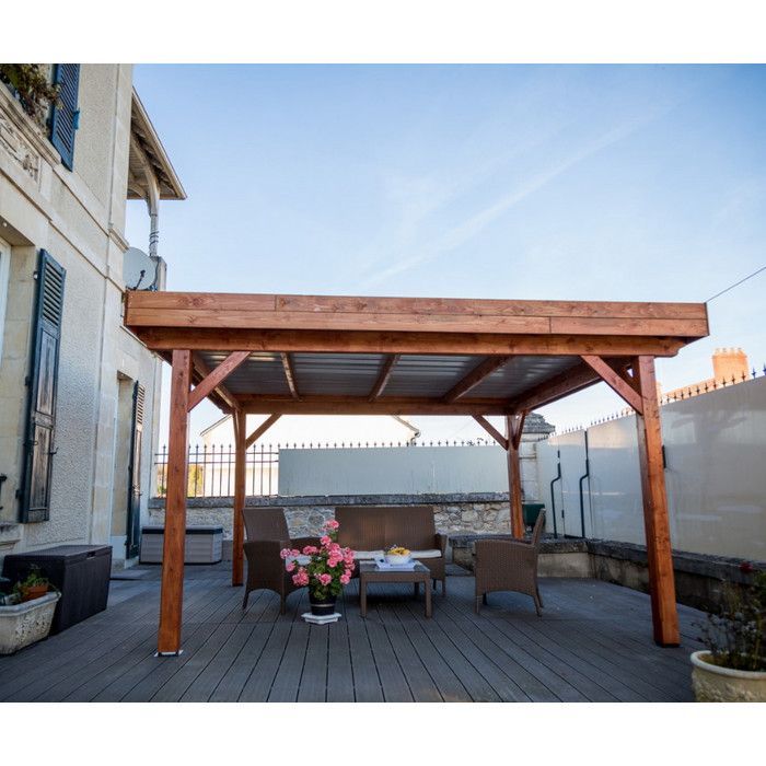 Toldo de techo plano con cubierta de chapa de acero, 12,53 m², 4 postes - Madera - Marrón - 200 cm - Teja