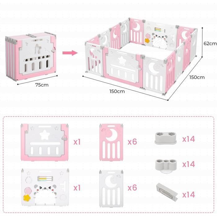 Foldable Baby Playpen, Modular Plastic Baby Playpen 150×150cm, Baby Playpen with Door, XL Children's Playpen with Activity Panel, Pink