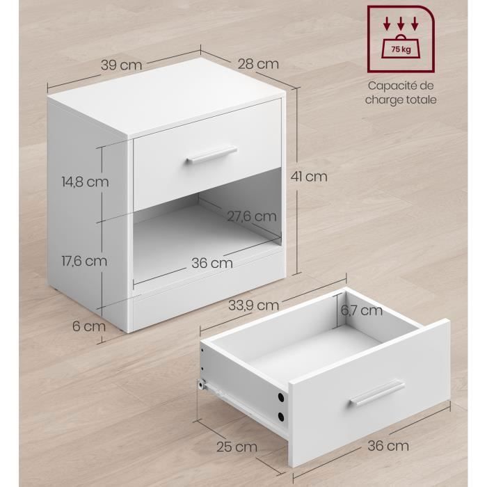VASAGLE - Set di 2 comodini con cassetto, maniglia, vano a giorno e tavolino laterale, per camera da letto e soggiorno, colore bianco classico.