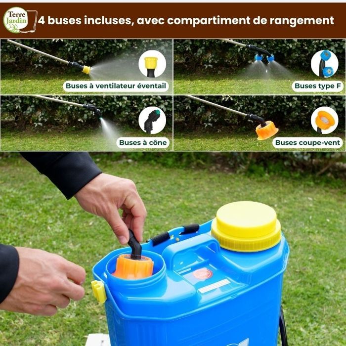Pulvérisateur électrique dorsal 16 L rechargeable 12V, lance télescopique 49-85 cm, TERRE JARDIN pression réglable 4,5 bar - 4 buses