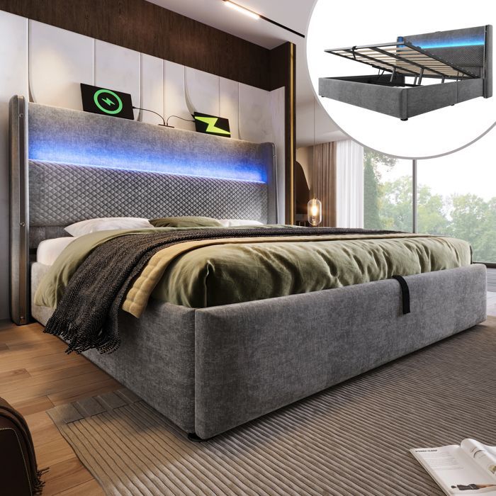 Letto matrimoniale imbottito 160 x 200 cm con contenitore, illuminazione a LED, vano portaoggetti e testiera alta - Effetto lino grigio (materasso non incluso)