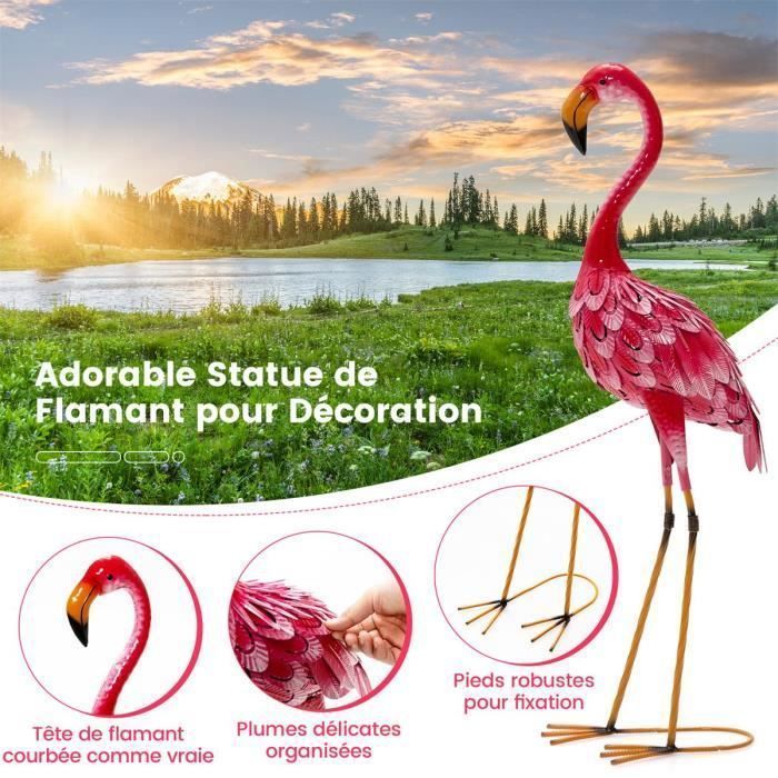 Conjunto de 2 estatuas de flamencos COSTWAY para jardín, marco de metal impermeable, plumas de color degradado, animal realista.
