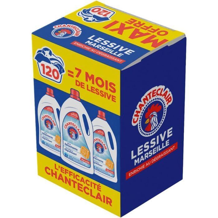 Chanteclair geconcentreerd vloeibaar wasmiddel Marseille, verrijkt met ontvetter, ultra vlekverwijderaar en effectief, 40 wasbeurten - 1800 ml x 3