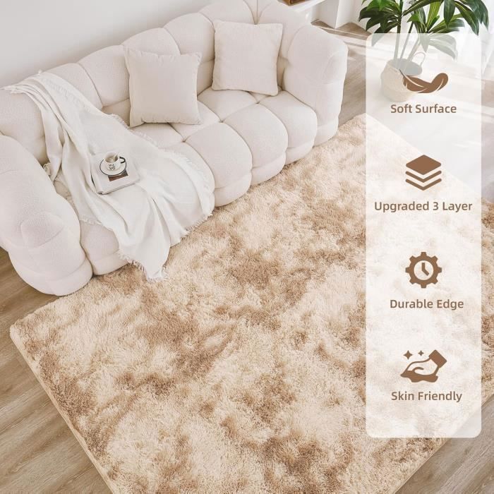 Alfombra de pelo largo para salón - FREOSEN - 160 x 200 cm - Beige - Pelo largo - Antideslizante