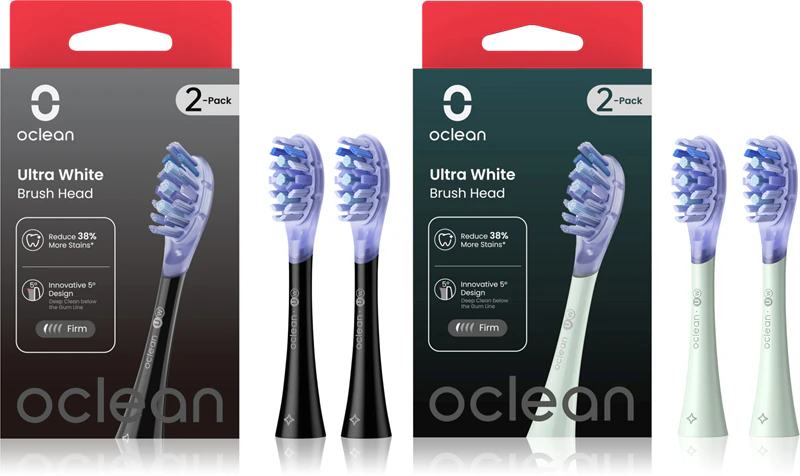 Conjunto de cabeças de substituição Oclean Ultra White para escova de dentes preta e verde.